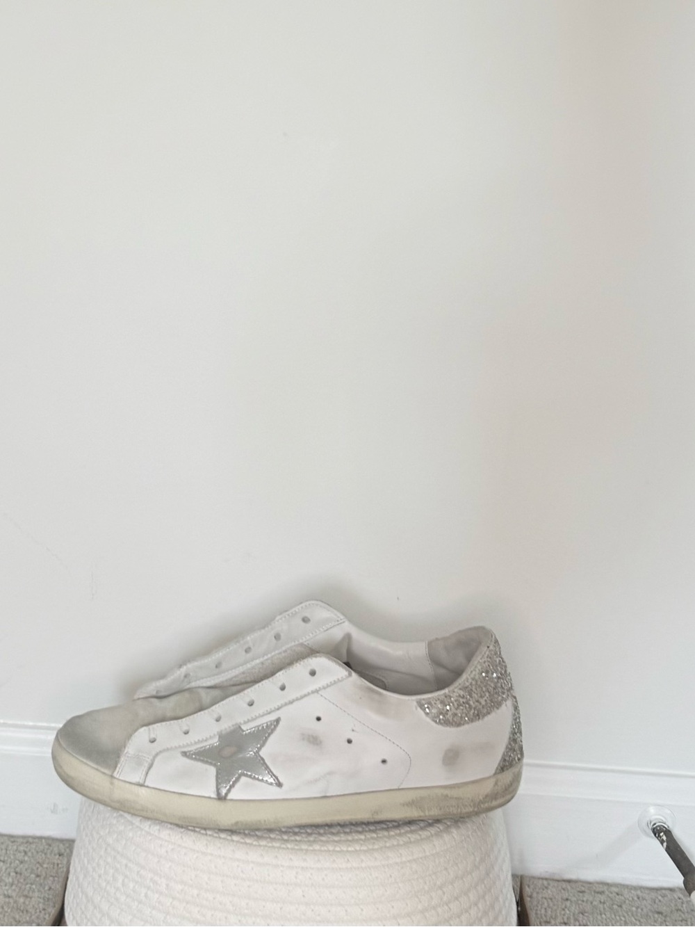 Golden Goose Superstar Trainers With Silver Star And Glitter Heel
